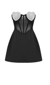 TRÄGERLOSES MINIKLEID MIT HERZMUSTER IN SCHWARZ